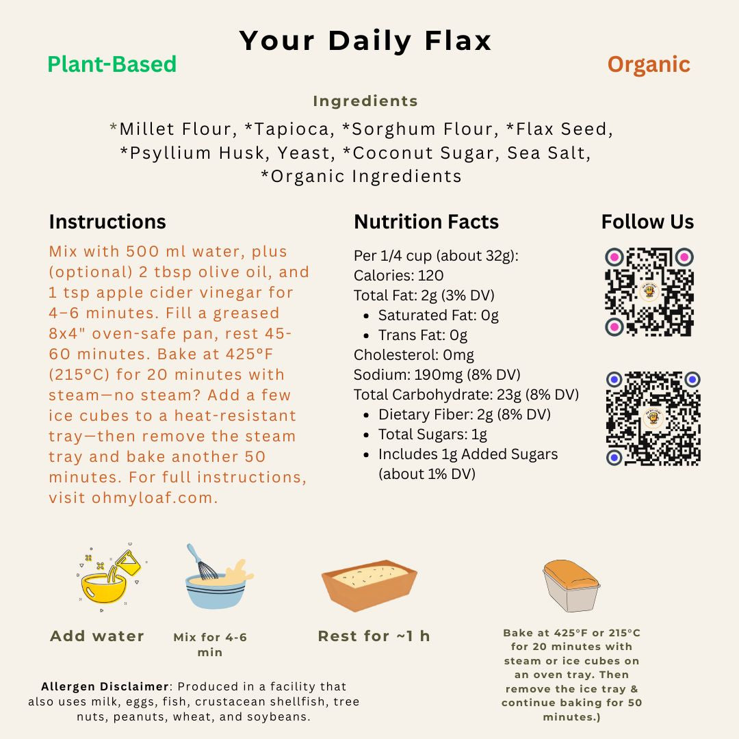 Ingredient label for Your Daily Flax gluten-free bread mix showing millet, sorghum, tapioca, and flaxseed